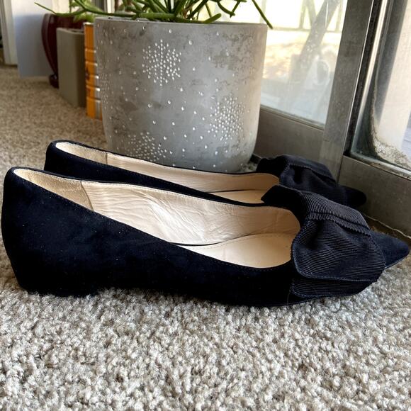 Prada Suede Ballet Flats Grosgrain Bow Pointed Toe Black 5 - Picture 4 of 7